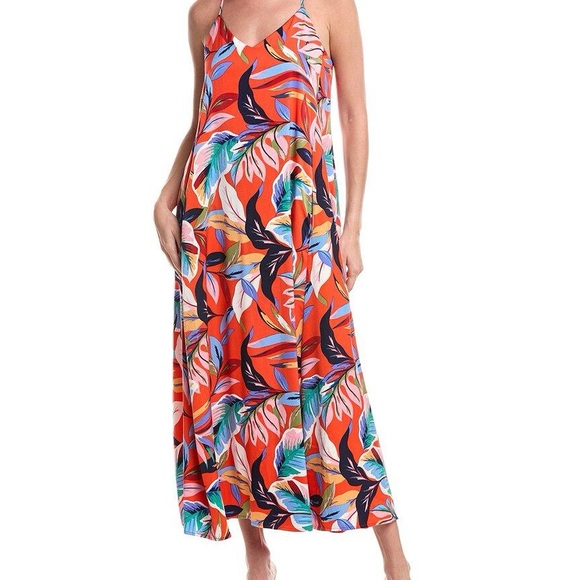 Nicole Miller Dresses & Skirts - Beautiful red tropical print Nicole Miller satin maxi dress built in shelf bra